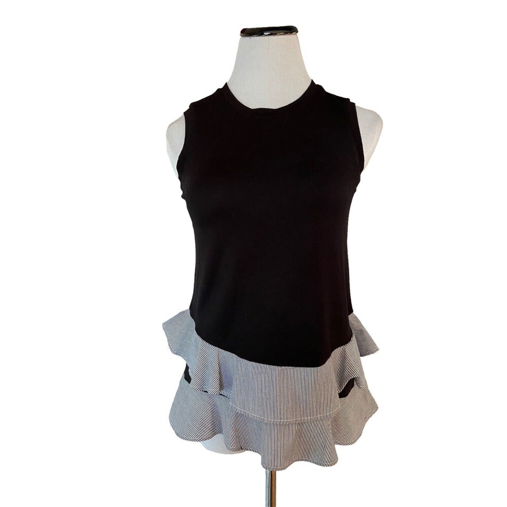 Marled Womens Striped Ruffle Hem Tank Top Blouse Size‎ XS Black Minimalist New